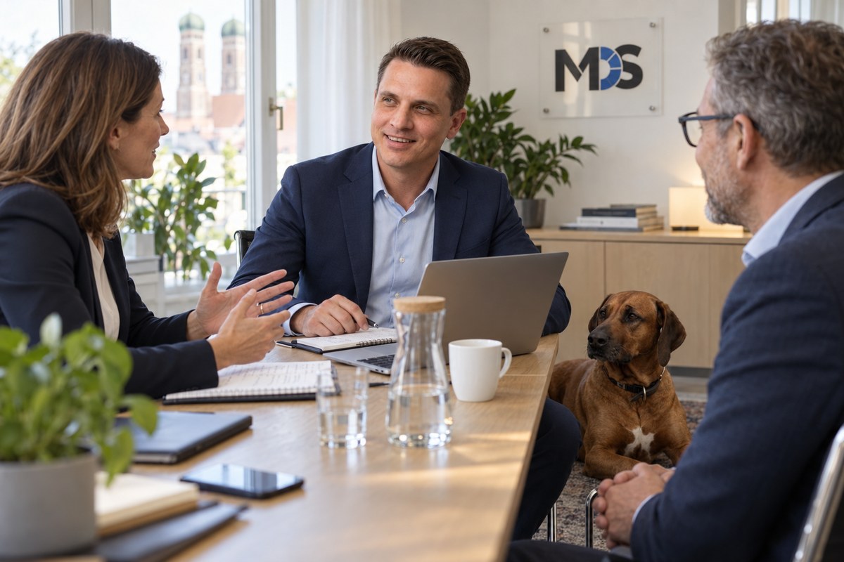 Drei Personen im Gespräch am Besprechungstisch, daneben ein Bürohund